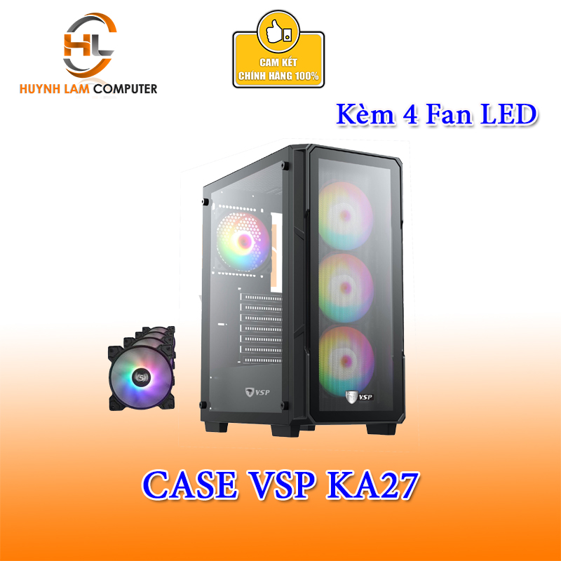 Vỏ máy tính Case VSP KA27 ĐEN sẵn 4 Fan LED Gaming 2 mặt kính cường lực