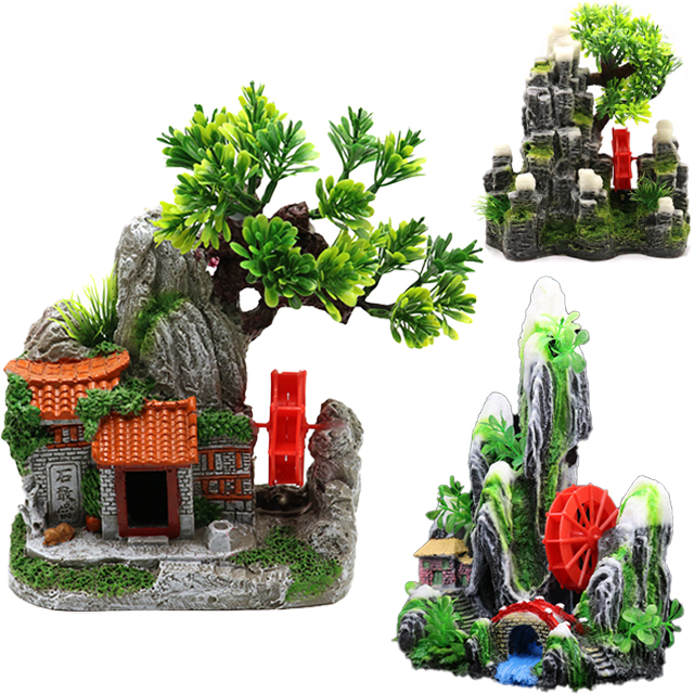 Tiểu cảnh trang trí bể cá núi tuyết hòn non bộ - cối xay nước trang trí bể cá chất liệu resin - phụ kiện trang trí bể cá nhiều kích thước lựa chọn