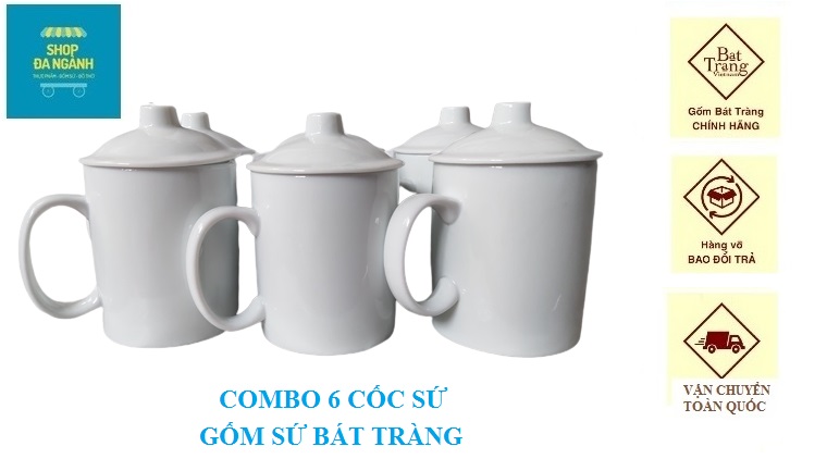 Combo 6 cốc sứ có nắp siêu trắng Bát Tràng dung tích 330 ml