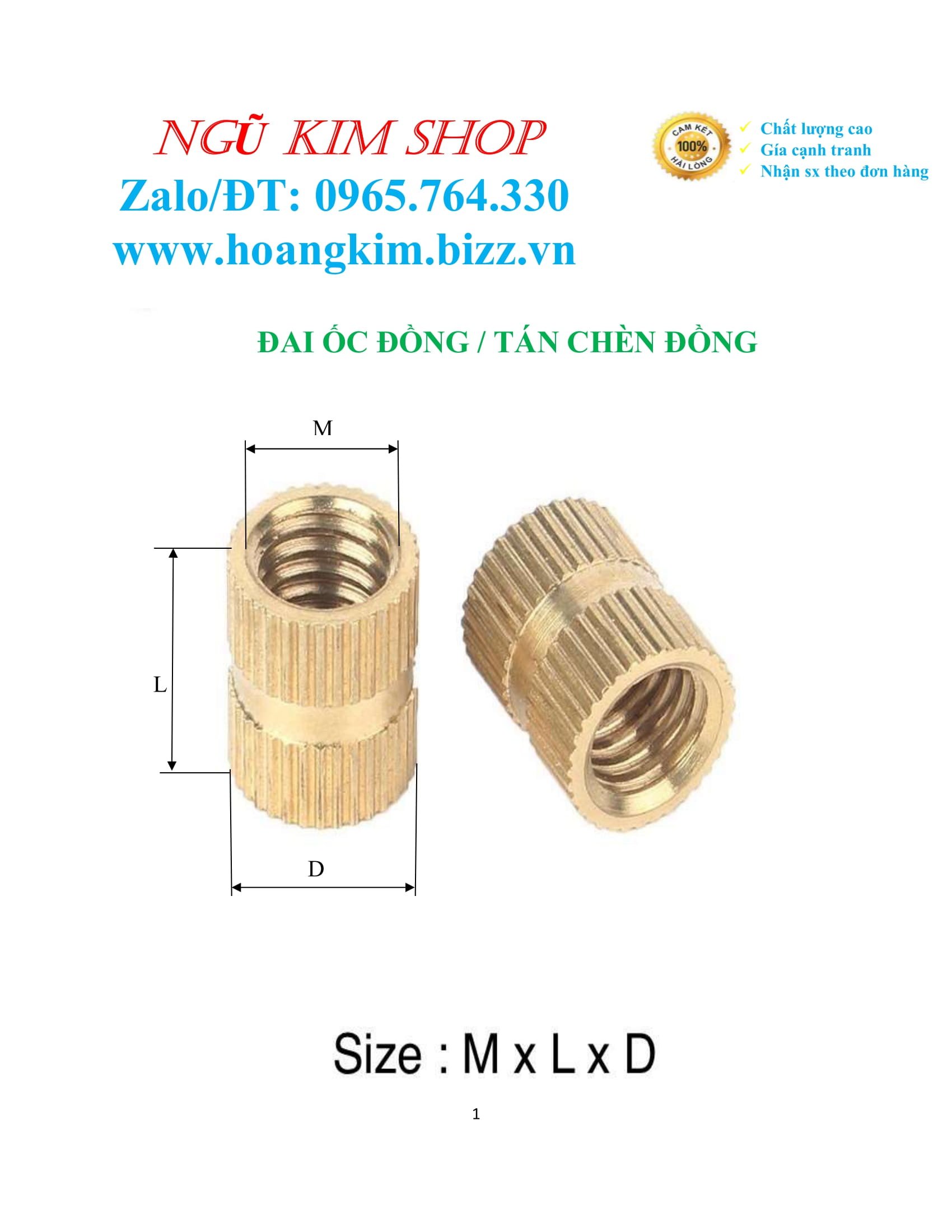 Đai ốc đồng _ tán chèn đồng m3, m4, m5, m6, m8