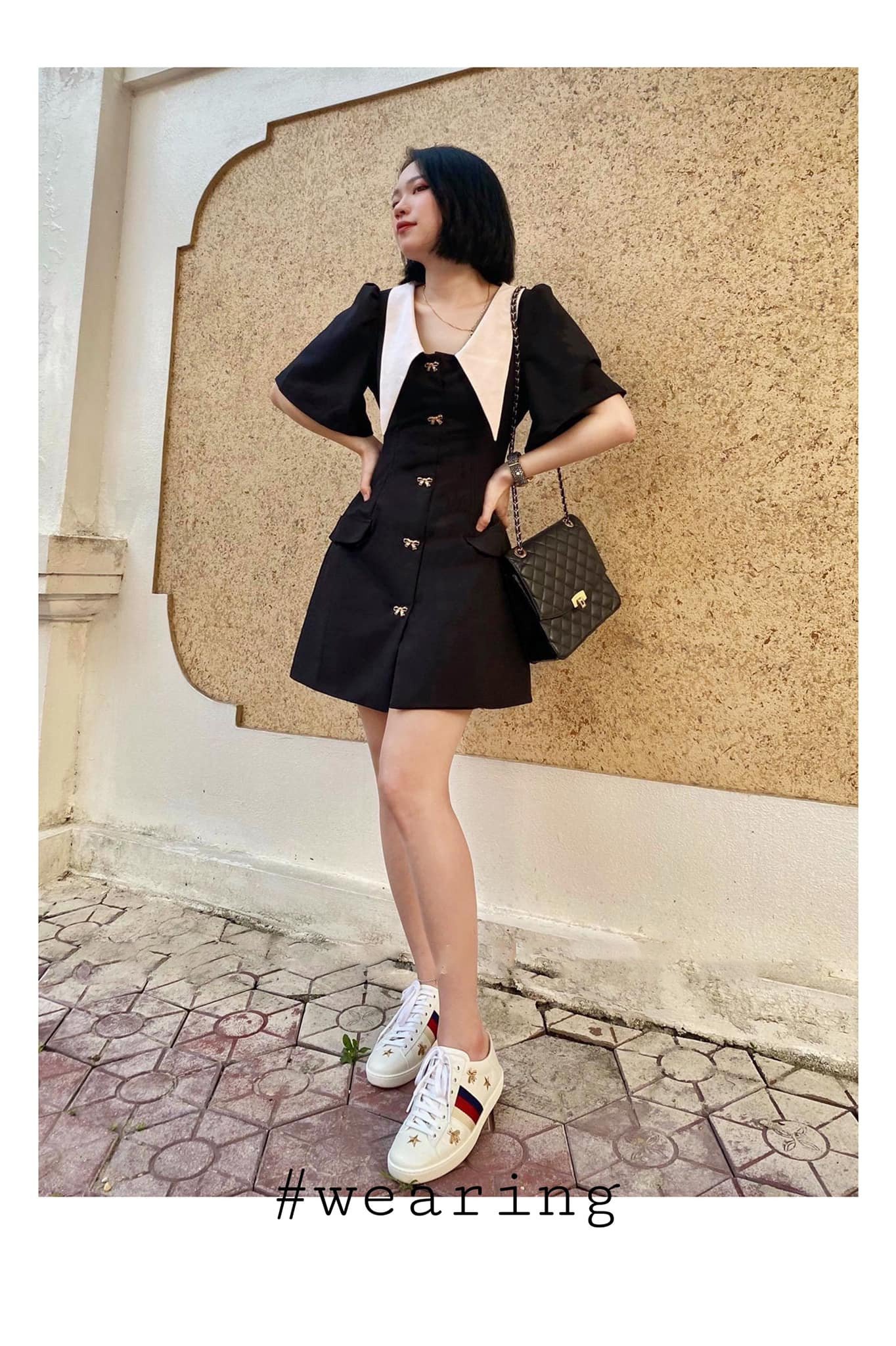 Đầm dạo phố dáng xòe trên gối cổ sen phối nút đáng yêu - Jini Dress