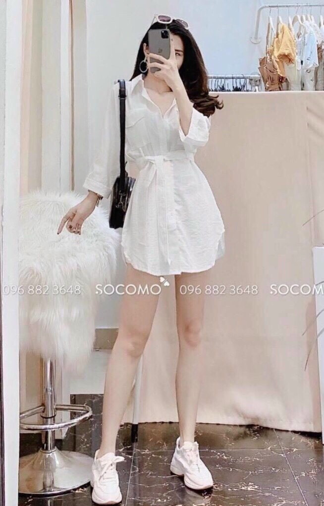 [HCM]Áo sơ mi form dài kèm quần và dây thắt eo xịn sò set ba món hai màu ( màu trắng và màu be )