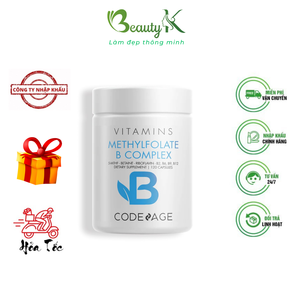 Viên uống Bổ Não CodeAge Methylfolate B Complex Code Age Vitamin Giảm Stress Đau Đầu Cải Thiện Trí Nhớ Khó Ngủ Tiền Đình Nhập Khẩu Mỹ - BeautyK