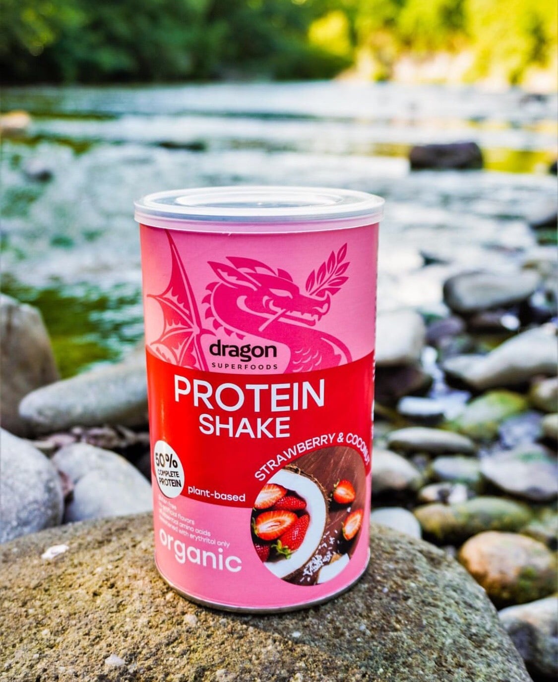 Bột protein thực vật hữu cơ vị dâu dừa (Organic Protein Shake Strawberry and Coconut) - Dragon Superfoods - 450g