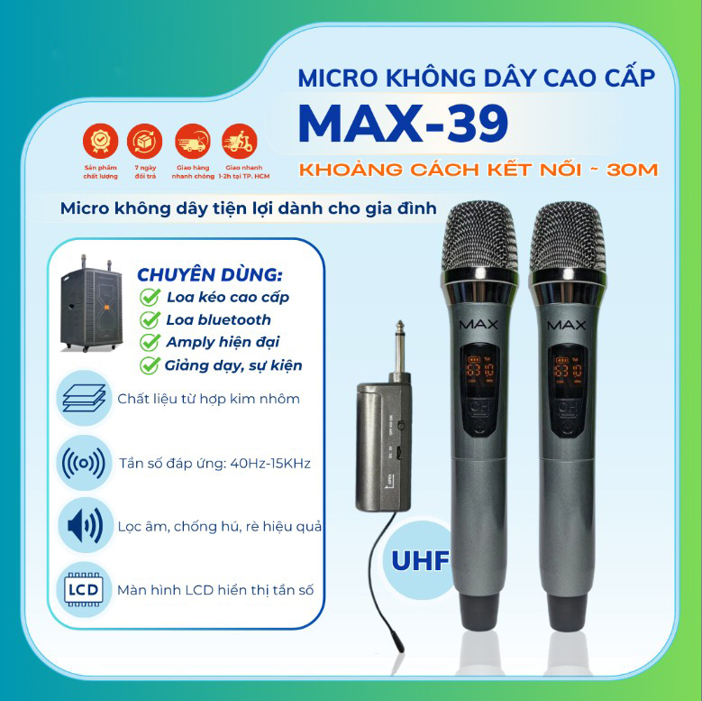 Micro Không Dây Đa Năng Karaoke LHK MAX-39 - Chất Lượng Âm Thanh Cực Hay, Âm Trong Trẻo, Mượt Mà, Chức Năng Lọc Âm Cực Tốt, Chống Hú, Chống Ồn, Kết Nối Đa Dạng Với TV, Laptop, Smartphone, Loa Bluetooth Trên Ô Tô,..