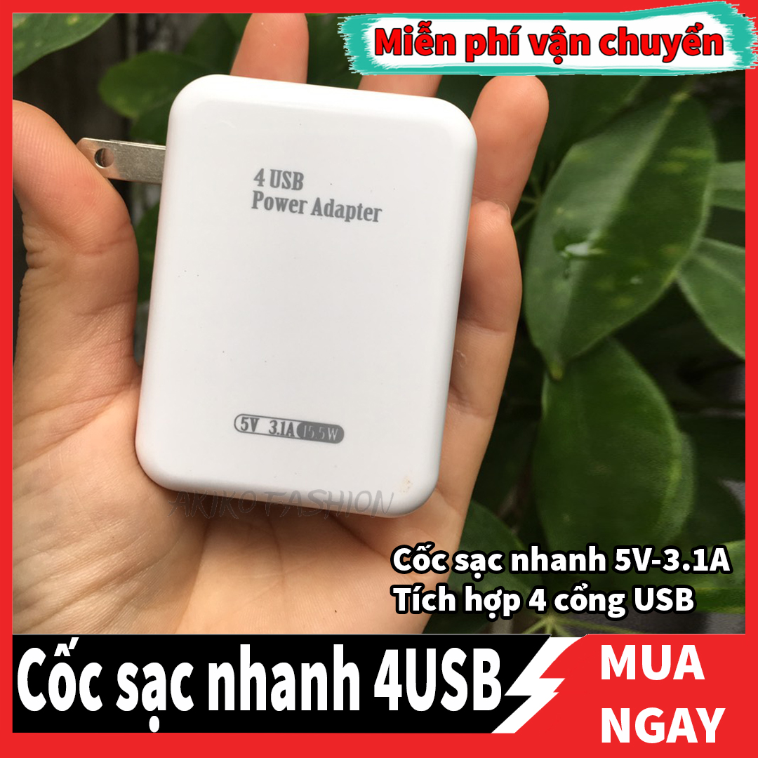 Cốc sạc nhanh 5v 3.1a bộ sạc đa cổng 4 usb sạc cực nhanh-chống cháy nổ-an toàn -có quà tặng