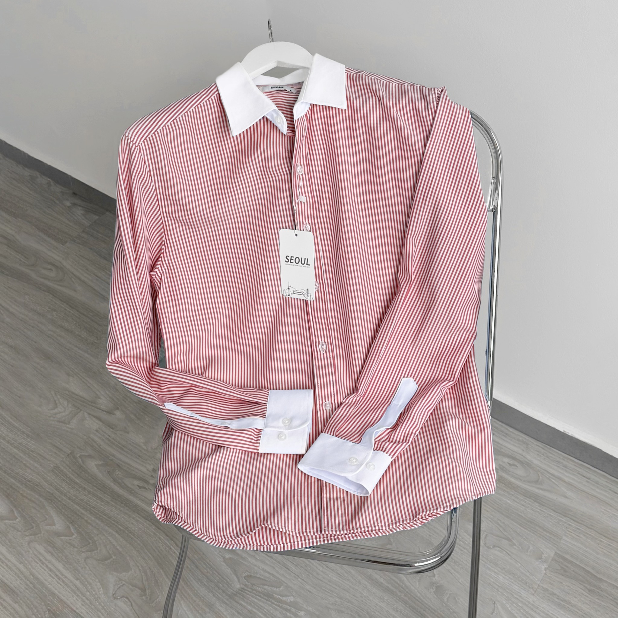 Áo sơ mi kẻ sọc phối cổ trắng, chất liệu cotton cao cấp thấm hút mồ hôi tốt, không nhăn - SEOUL