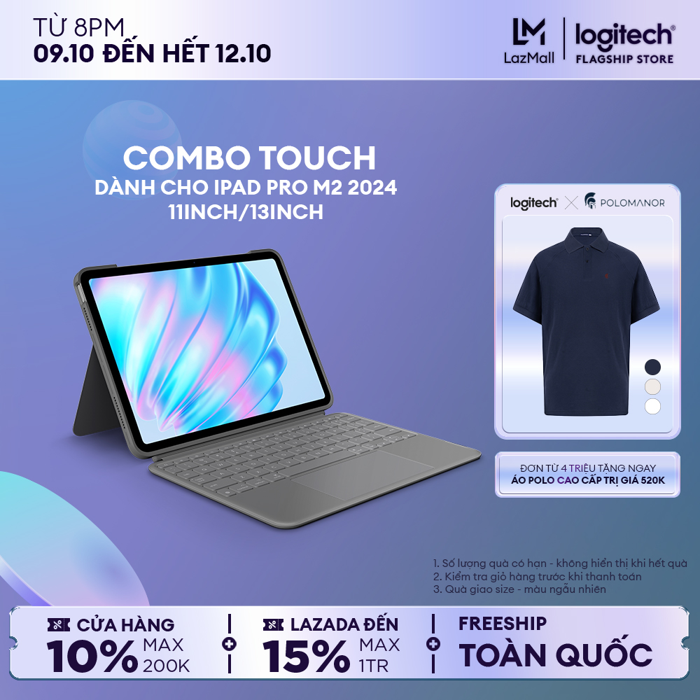 Bao da kiêm Bàn phím Combo Touch Logitech cho iPad Air 11 inch (M2), iPad Air (thế hệ thứ 5 - 2022) & Ipad Air 13 inch (M2)