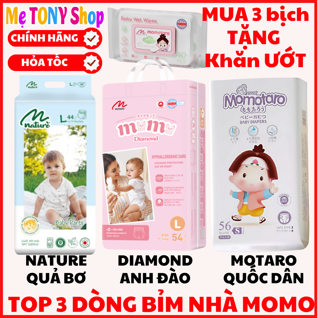   Mua3-TặngKhănƯớt Bỉm Tã Dán Quần Xuất Nhật Momo DIAMOND MomoTARO Momo NATURE Đủ Size Siêu Thấm-Chống Hăm  