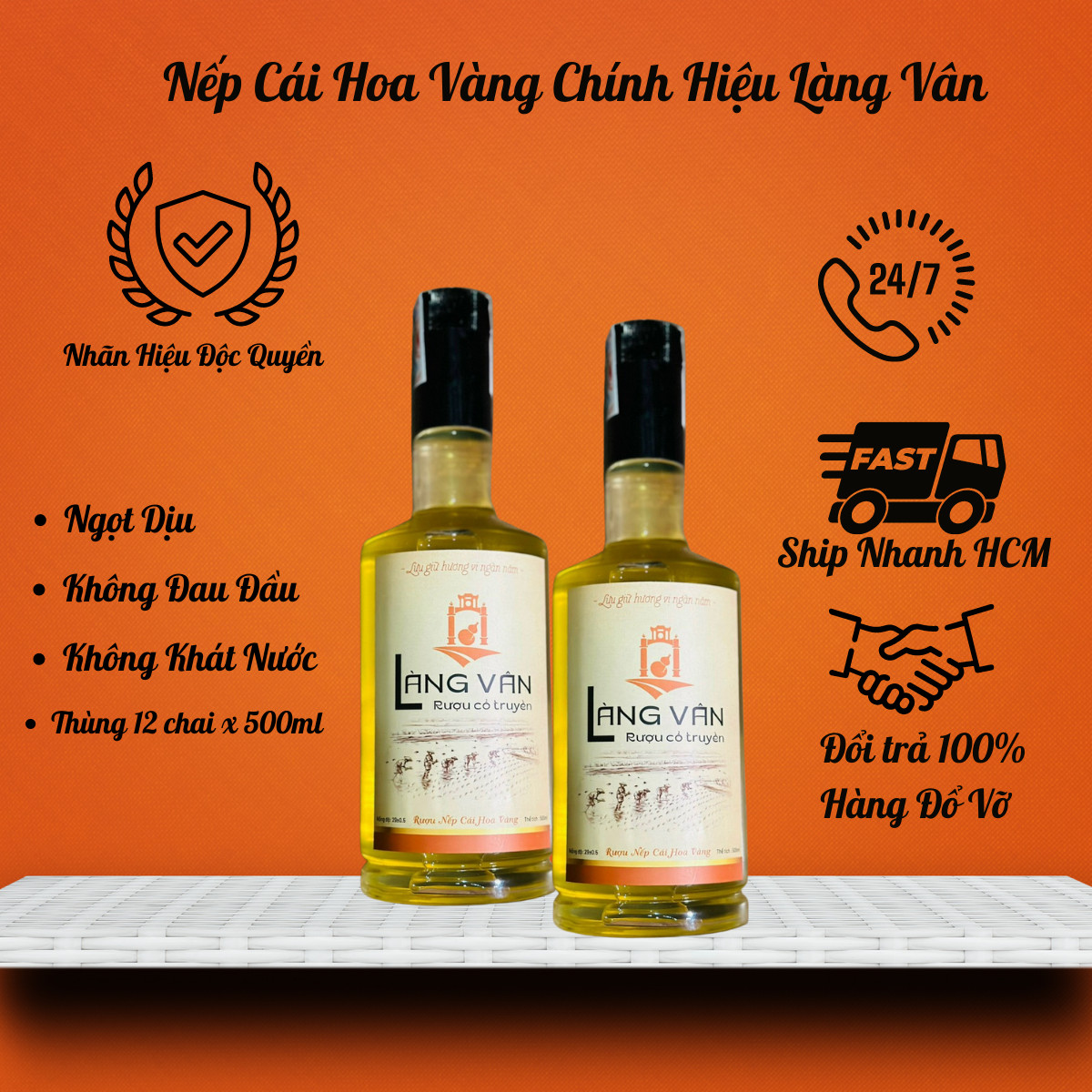 Rượu Cổ Truyền Làng Vân Chính Hãng - Nếp Cái Hoa Vàng Bản Đặc Biệt ( Thùng 12 chai thủy tinh x 500ml