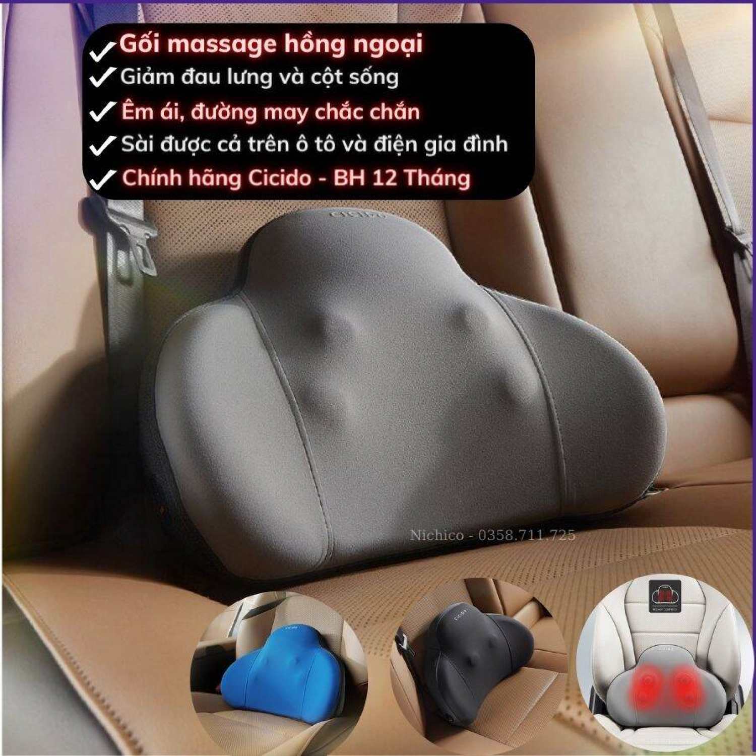 Gối mɑssage ô tô có hồng ngoại, Tựa lưng ô tô chính hãng Cicido có mɑssage 4 điểm và chườm nóng bằng tia hồng ngoại Mono88