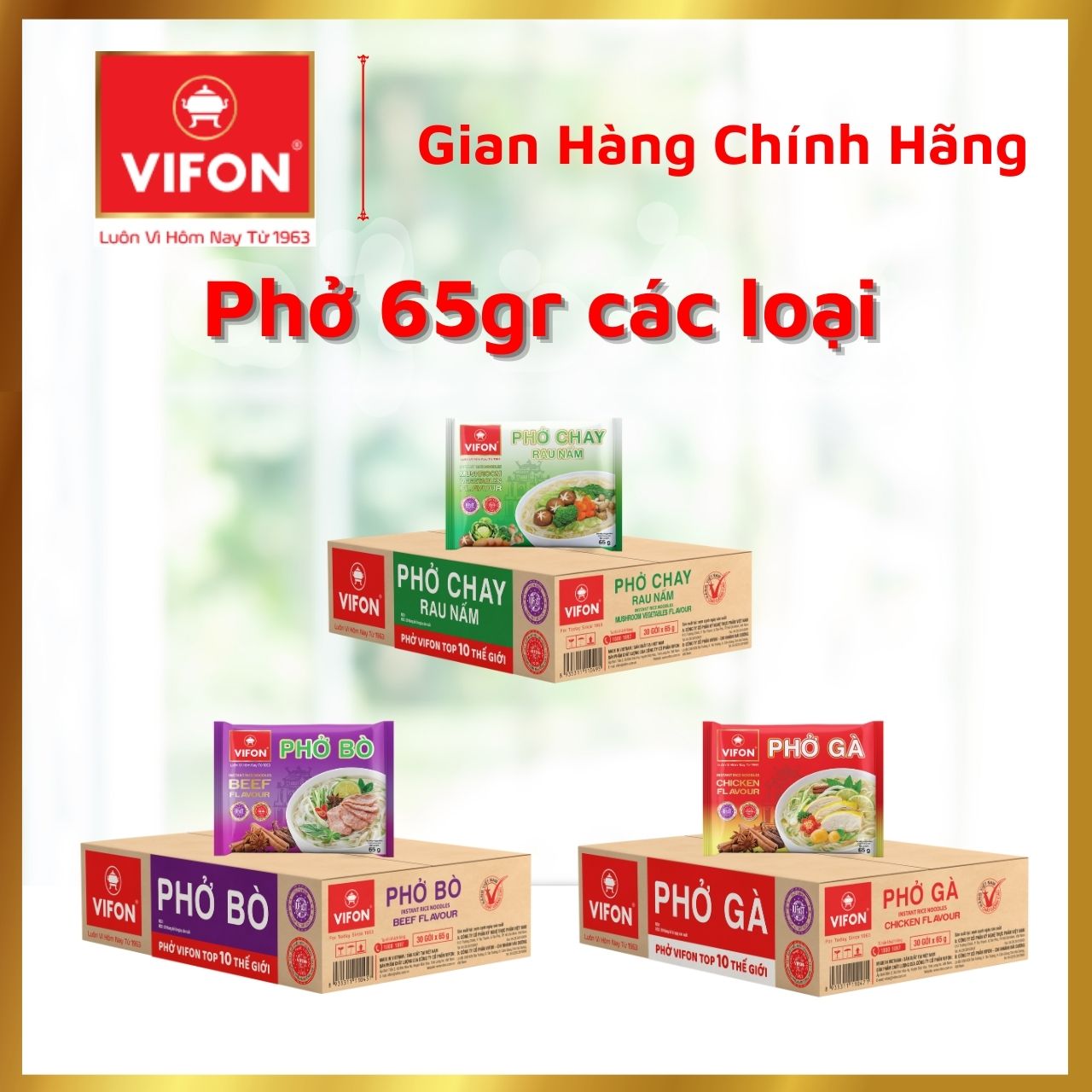 Phở VIFON 65gr vị Bò Gà Chay Rau Nấm