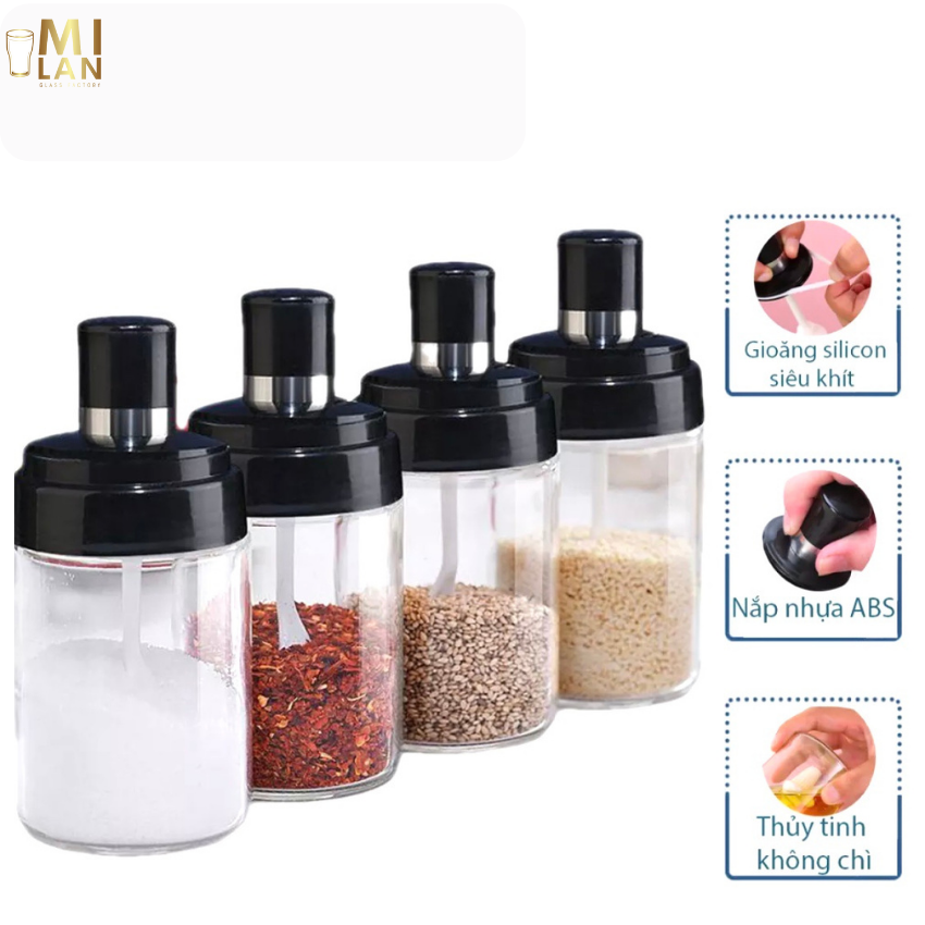 Combo 4 hũ thủy tinh gia vị kèm thìa và nắp dung tích 250ml NV-H12