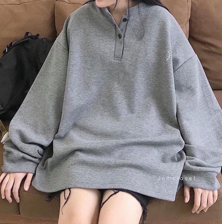 Áo thêu cúc cổ unisex 2 màu trắng xám chất nỉ cotton xịn/áo nỉ xám thêu chữ sweater fom rộng x3