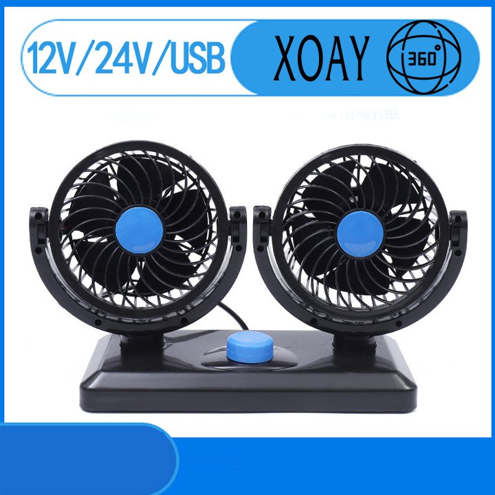 Quạt máy đôi mini 12v/24v trên ô tô xe hơi xoay 360 độ