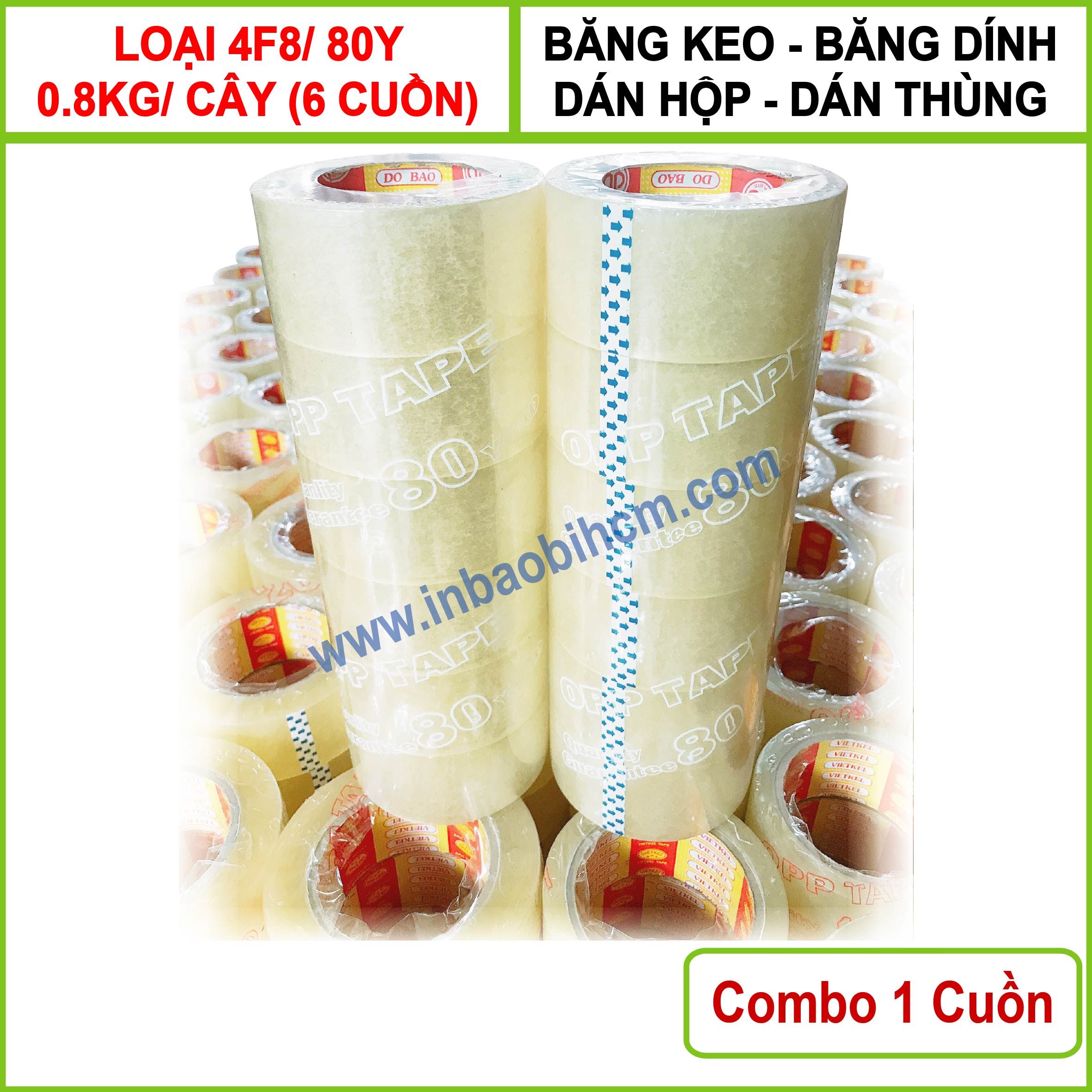 [HCM]1 Cuộn Băng keo dán hộp giá rẽ - Dài 80Y - 0.8kg/ Cây (6 cuồn) - Bản 4F8 - (InbaobiHCM - Thùng giấy - Hộp giấy carton)