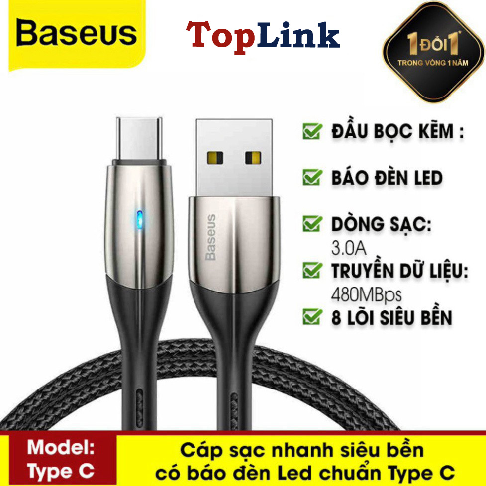 Cáp sạc và truyền dữ liệu baseus horizontal data cable có đèn led, kết nối type-c sạc nhanh cho samsung huawei xiaomi-phân phối bởi toplink