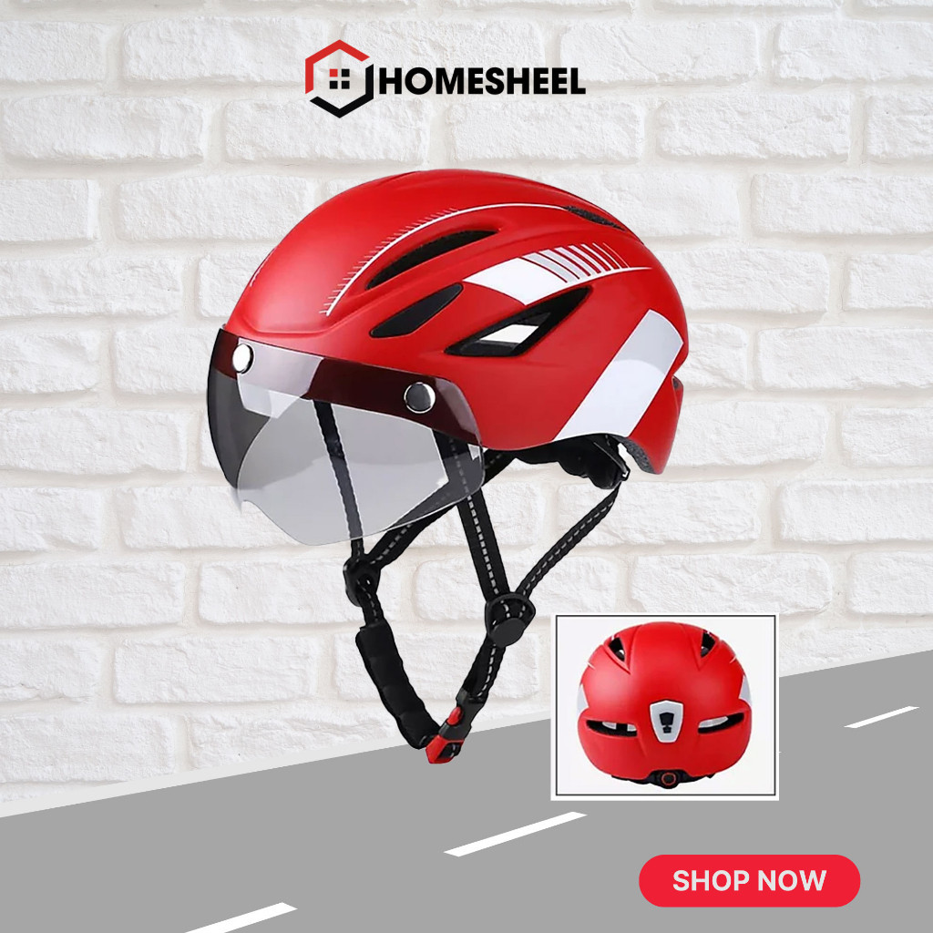 Mũ bảo hiểm xe đạp thể thao Homesheel có kính dễ tháo lắp và đèn cảnh báo phía sau - Hàng chính hãng - Bảo hành 3 tháng