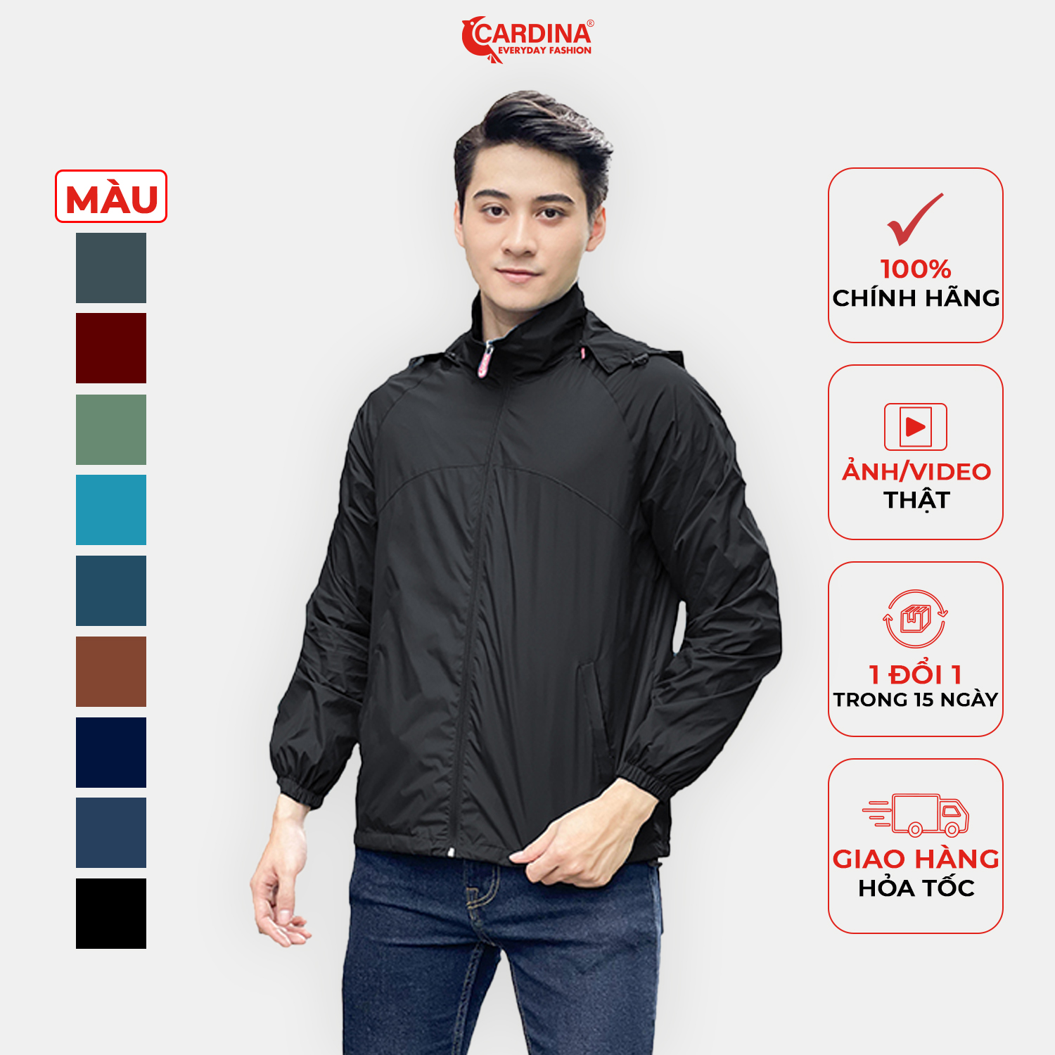 Áo khoác gió nam CARDINA 2 Lớp Lót Lưới Cao Cấp Siêu Cản Gió Giữ Nhiệt Cản Bụi Chống Nước 1GM