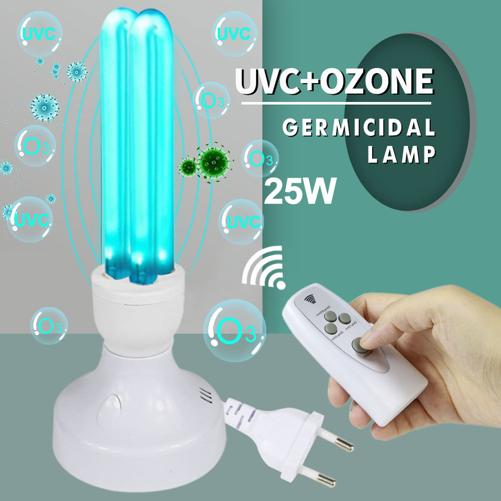 Đèn UV diệt khuẩn khử trùng bằng tia cực tím UVC có ozone, với remoss điều khiển từ xa công suất 25W góc chiếu xạ 360 độ diện tích khử khuẩn 30mv