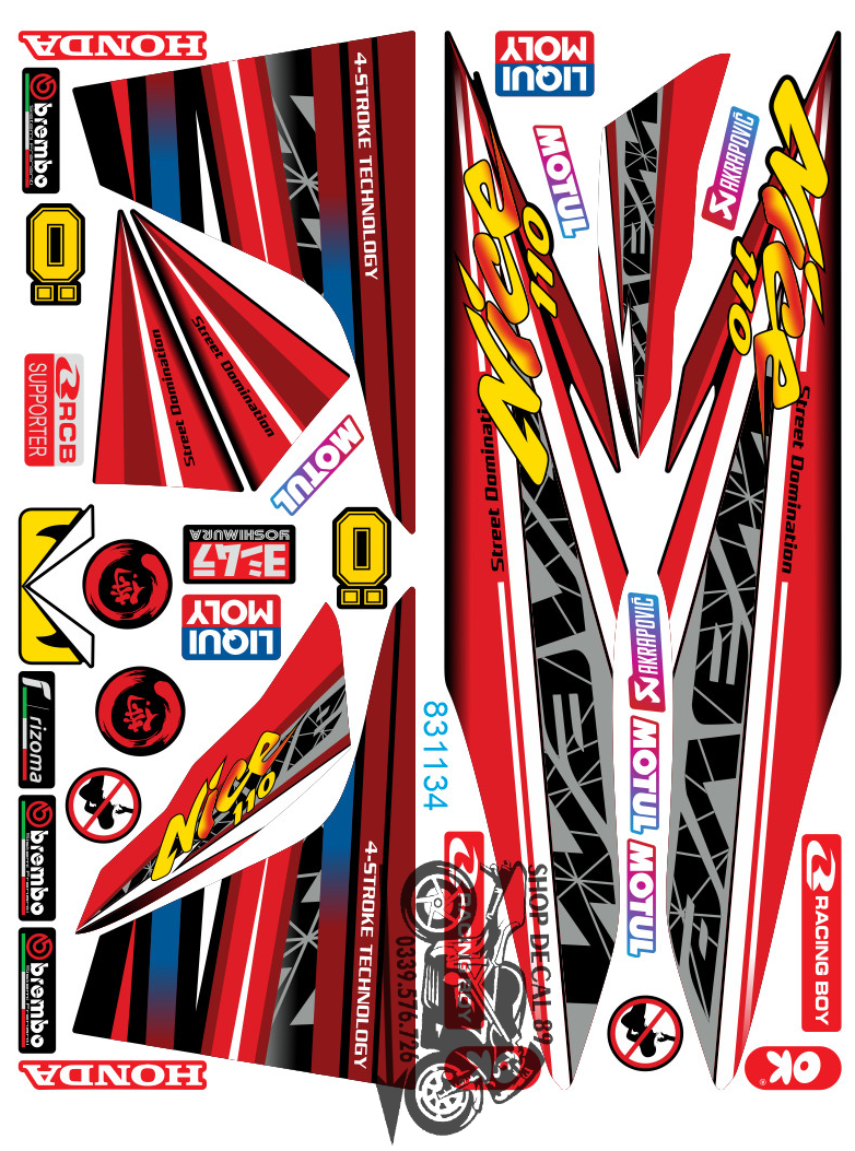 Tem Rời WAVE ALPHA 110 Mẫu NICE VẠCH ĐỎ VÀNG ĐEN MÃ 831134 (Tem 3 Lớp Chống Bay Màu)