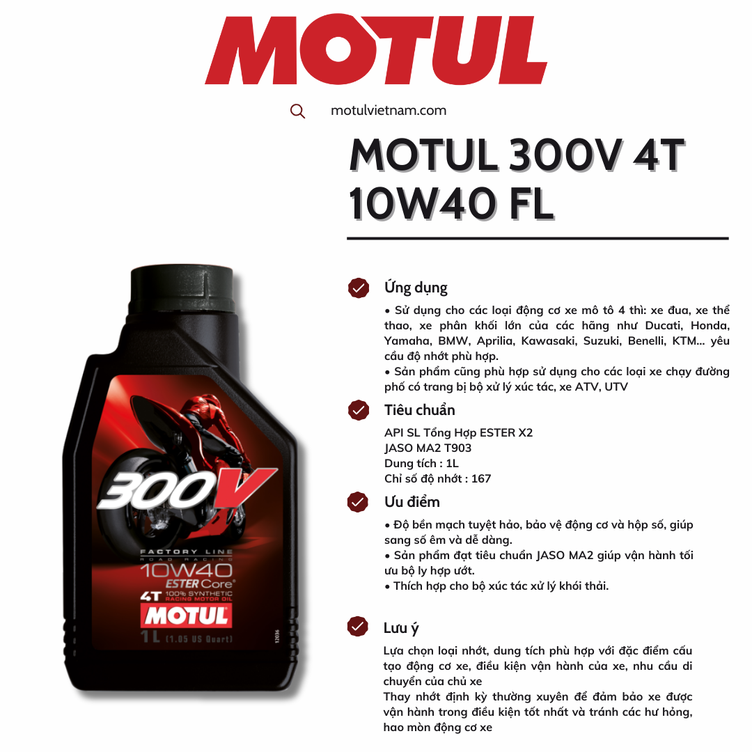 Dầu nhớt xe số cao cấp MOTUL 300V Factory Line 4T 10W40 MA2 Tổng hợp Este 1L Có chiết lẻ 1L1 1L2 1L3 1L4 1L5