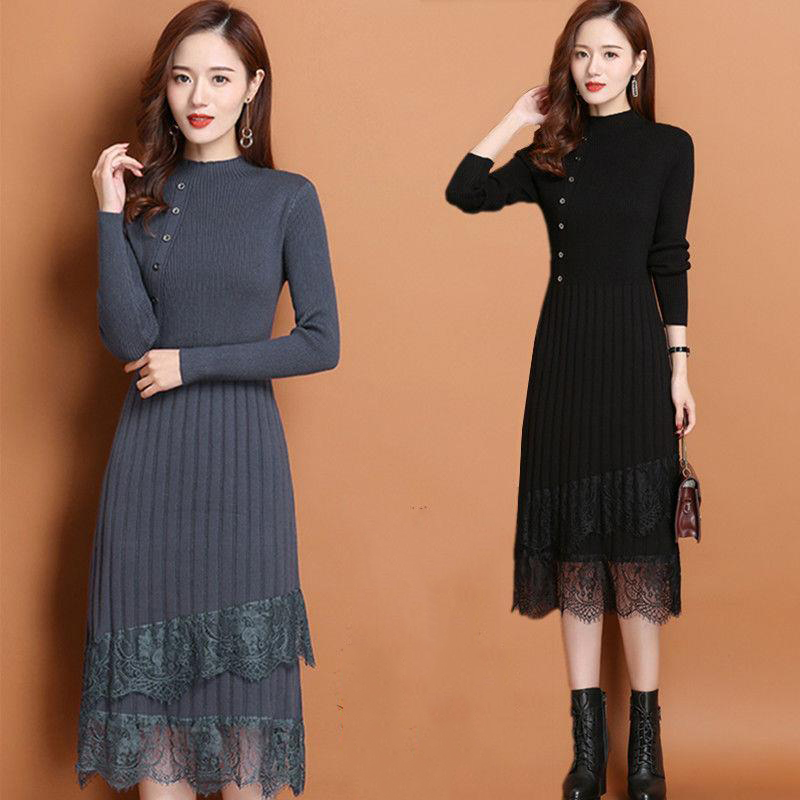 Váy Len Nữ Mùa Đông Hàn Quốc Cổ Lọ Dáng Dài Ôm Xòe Nhẹ Đẹp