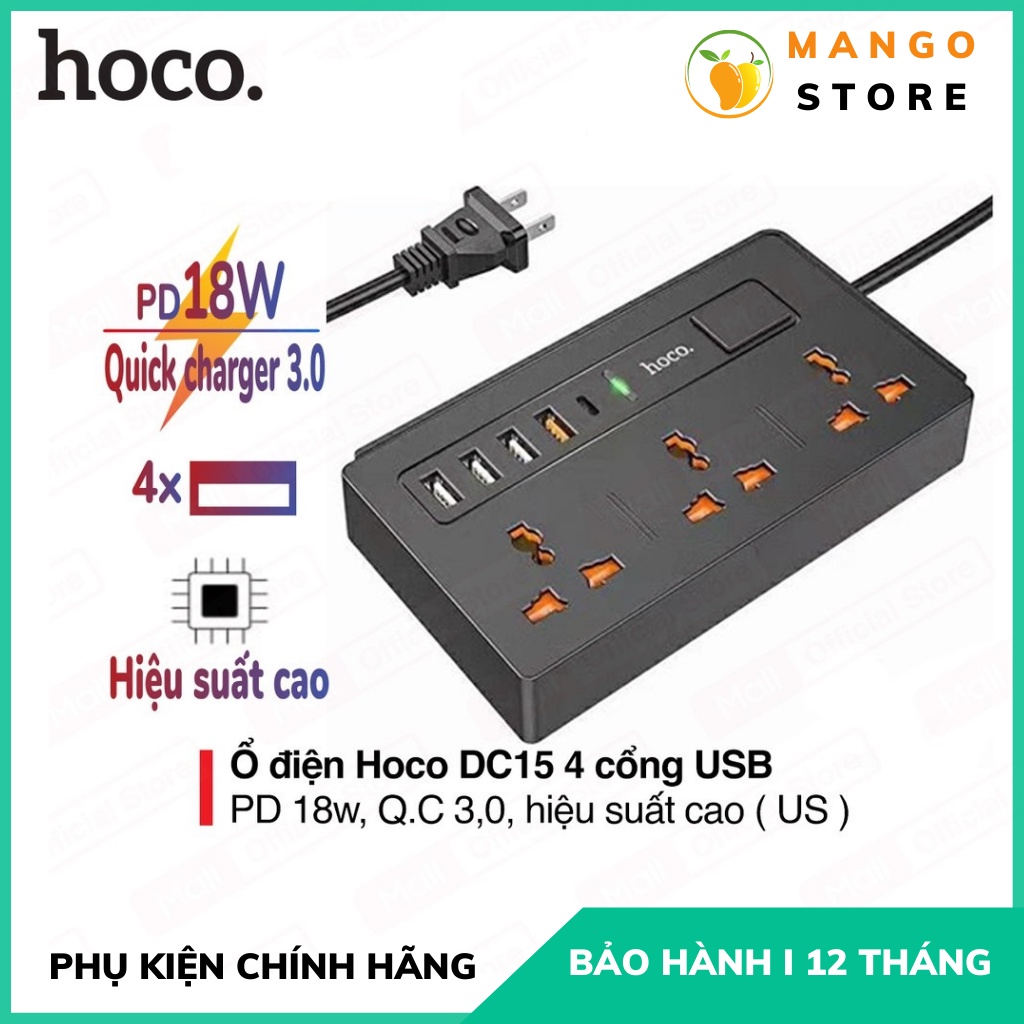 Ổ Cắm Điện Đa Năng Sạc nhanh 18W Hoco DC15 Chính Hãng Có 4 Cổng USB Thông Minh , Chính Hãng, An Toàn