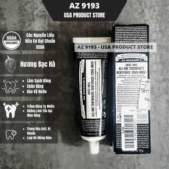 Kem đánh răng hữu cơ dr bronner's - trắng răng tự nhiên, làm dịu nướu, không hóa chất tổng hợp - az 9193