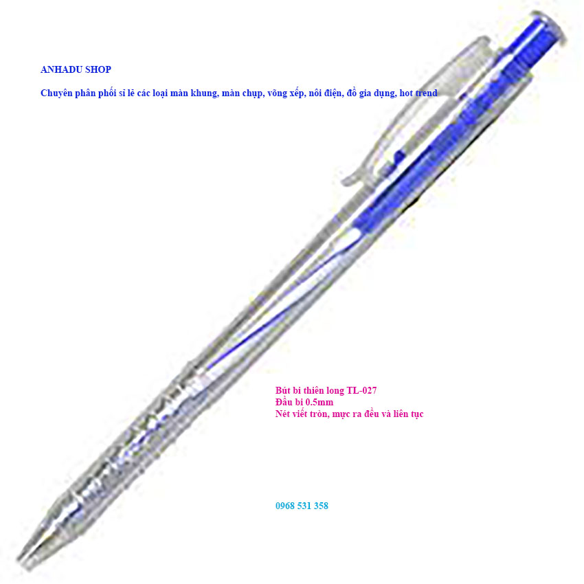 Bút bi thiên long 027/bút tl-027 ngòi 0,5mm mực xanh đều mực