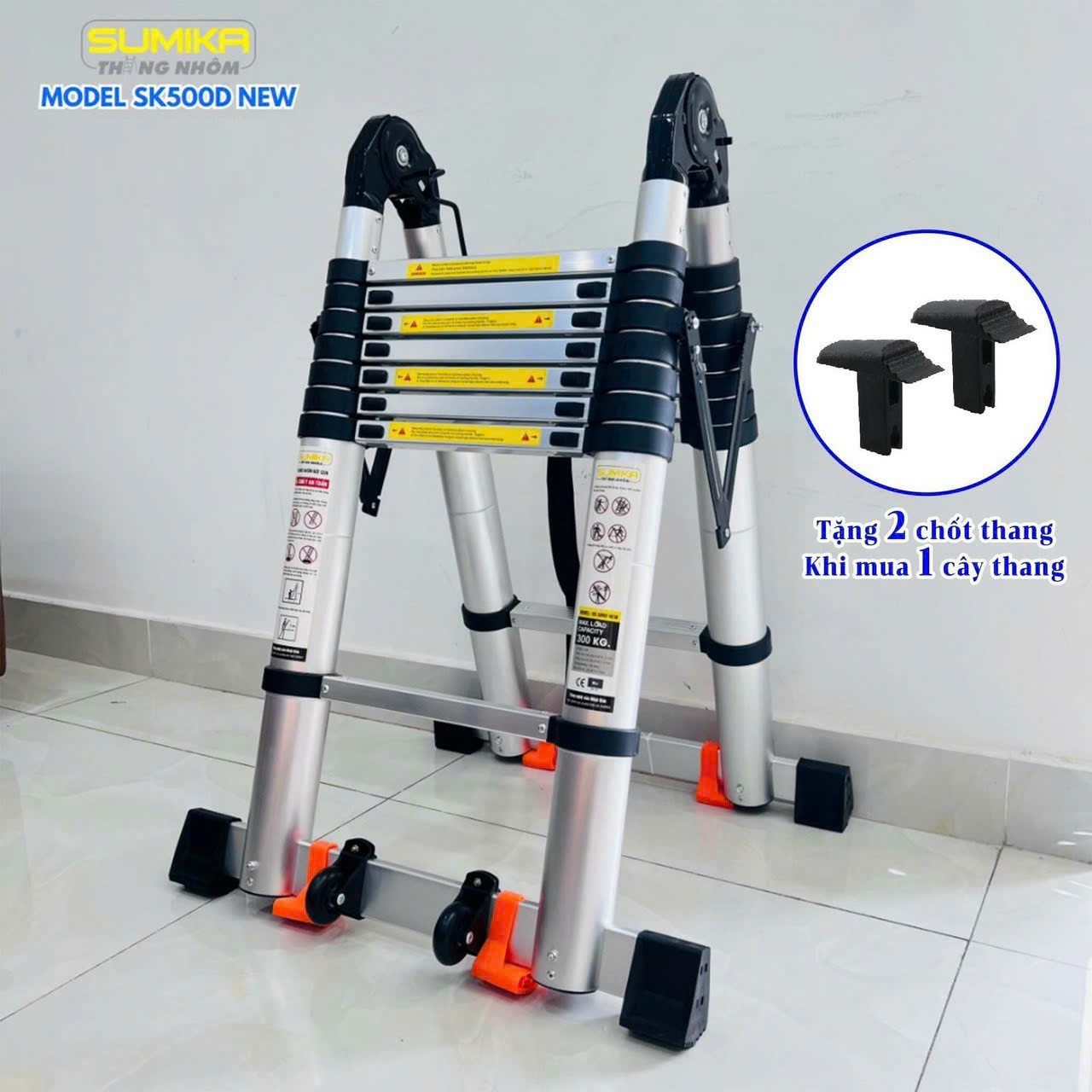 Thang Nhôm Rút Chữ A SUMIKA SK500D New Chữ A 2m5 – duỗi thẳng 5m, 2x8 bậc, Công Nghệ Nhật Bản - tải trọng 300kg, BẢO HÀNH 24 THÁNG