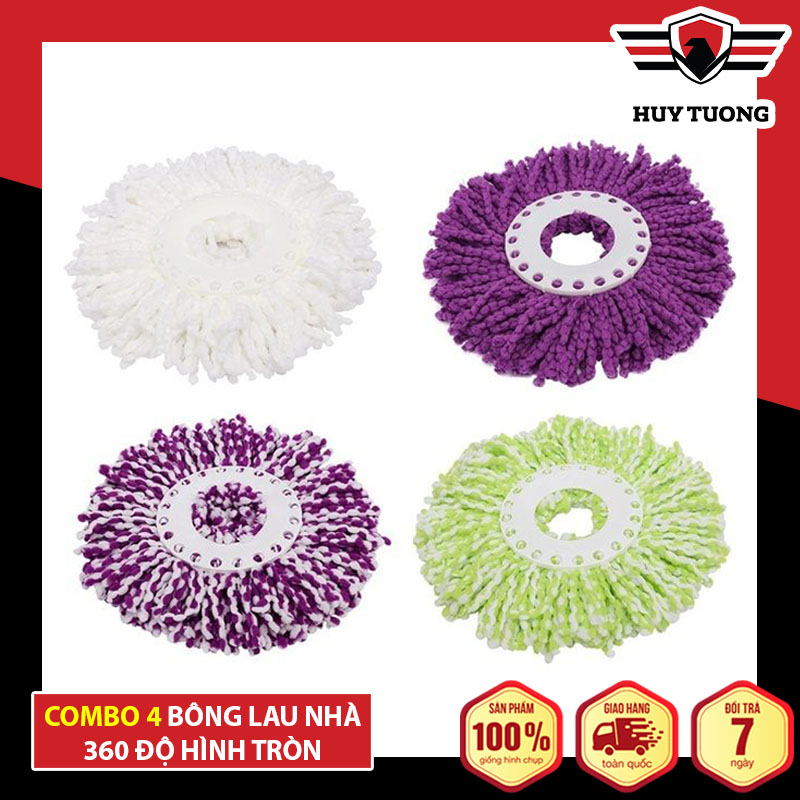 Combo 4 Đầu bông lau nhà thay thế , bông lau lẻ tròn xoay 360 độ ( Giao màu ngẫu nhiên ) cao cấp - Huy Tưởng