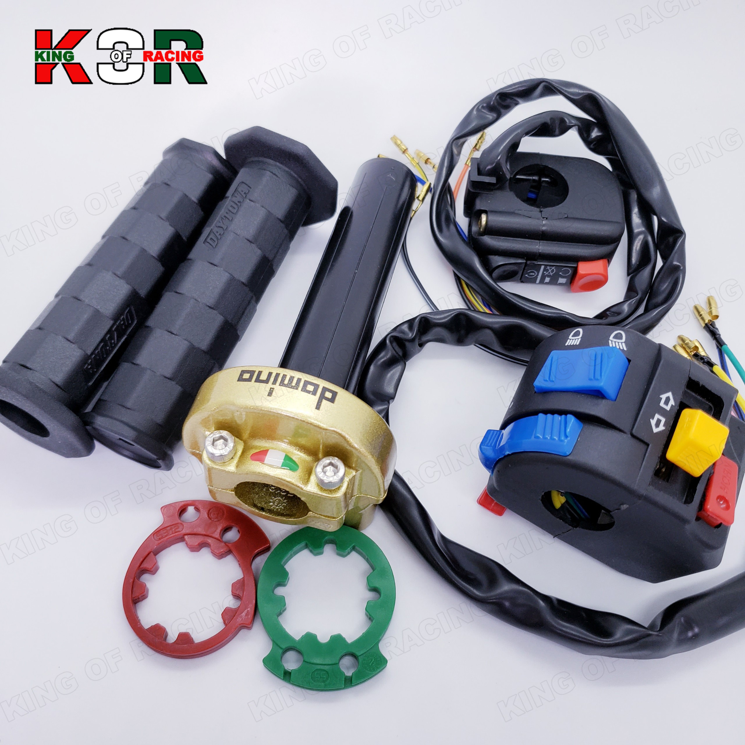 cùm tăng tốc domino (TẶNG bao tay daytona)+công tắc passing trái phải gắn xe sirius, wave...màu vàng, KING OF RACING