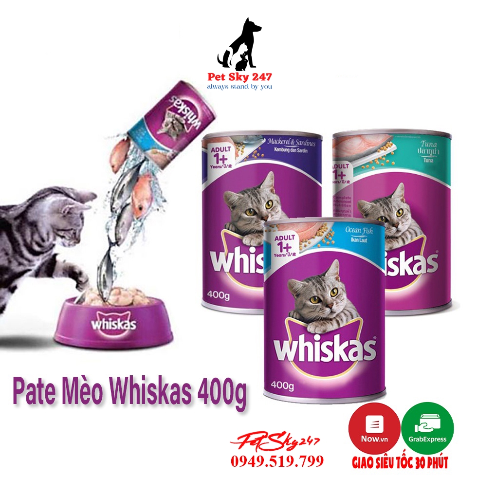 Thức ăn pate mèo whiskas nhiều vị lon 400g