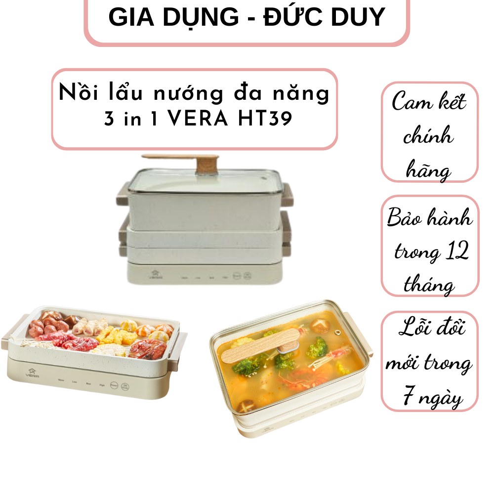 Nồi lẩu nướng đa năng 3 in 1 vera ht39 - bảo hành 12 tháng