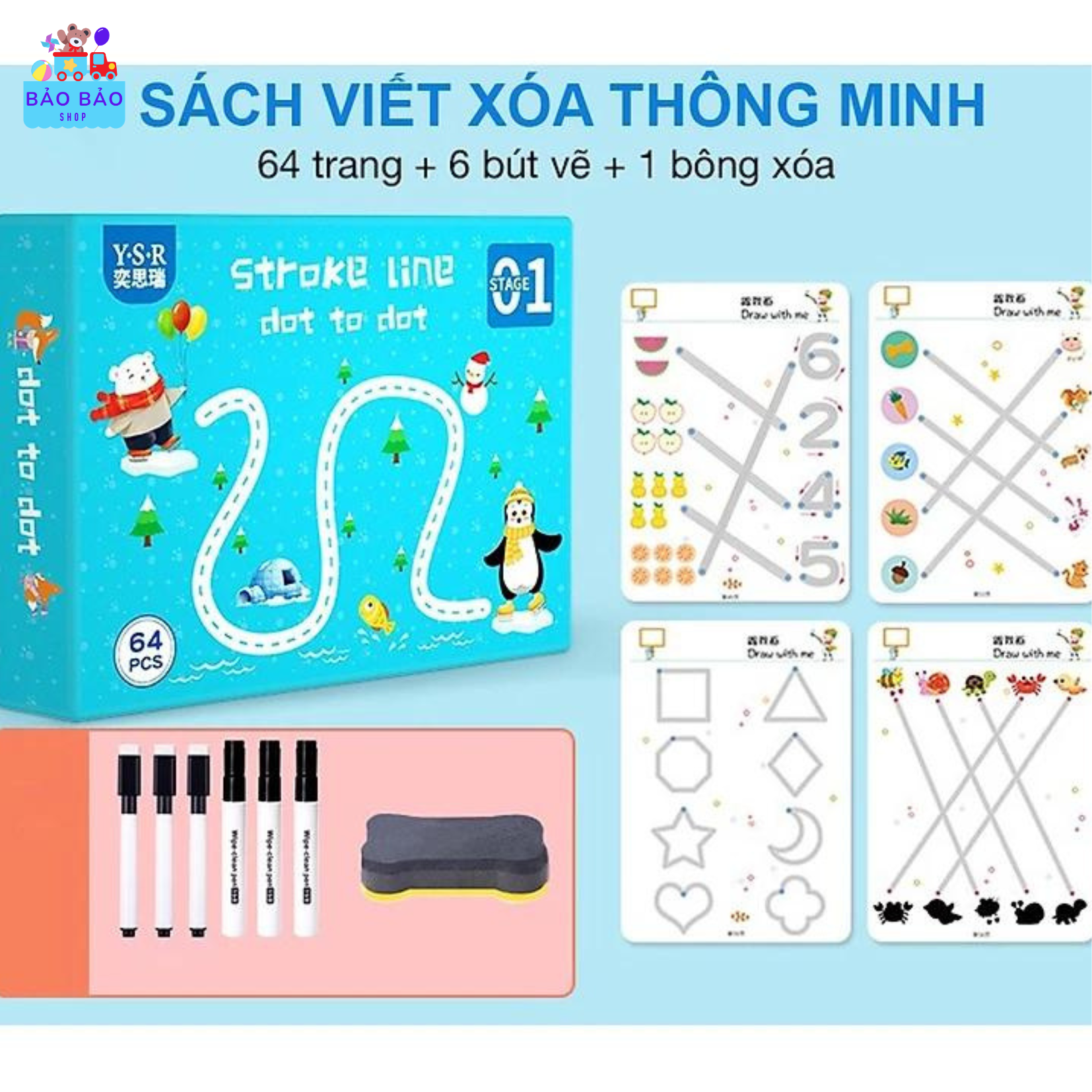 Đồ chơi giáo dục tập tô vẽ thông minh xóa được, sách tô xóa thông minh cho bé kèm bút dạ và bông xóa