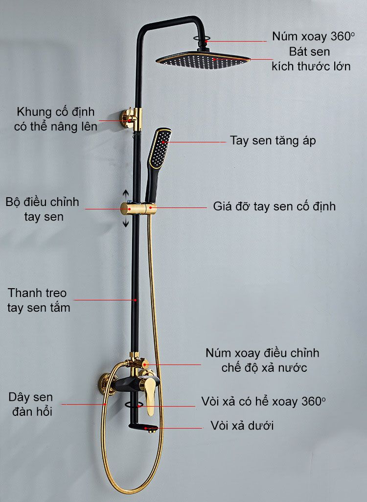 Bộ sen cây tắm đứng nóng lạnh nhập khẩu AV914 ( Đen vàng ) sơn tĩnh điện cao cấp - Tiêu chuẩn Châu Âu- Có điều chỉnh độ cao
