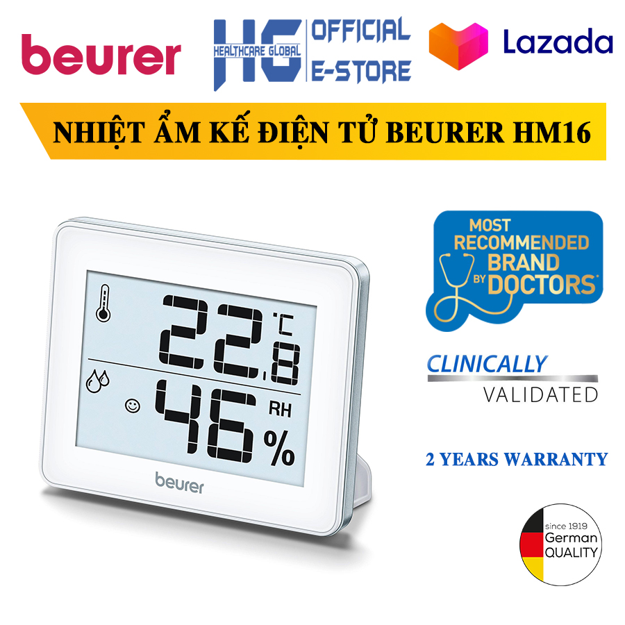 Nhiệt ẩm kế điện tử Beurer HM16 Chính Hãng | Hiển thị nhiệt độ và độ ẩm cùng biểu tượng chất lượng môi trường | Màn hình LCD sắc nét độ chính xác cao
