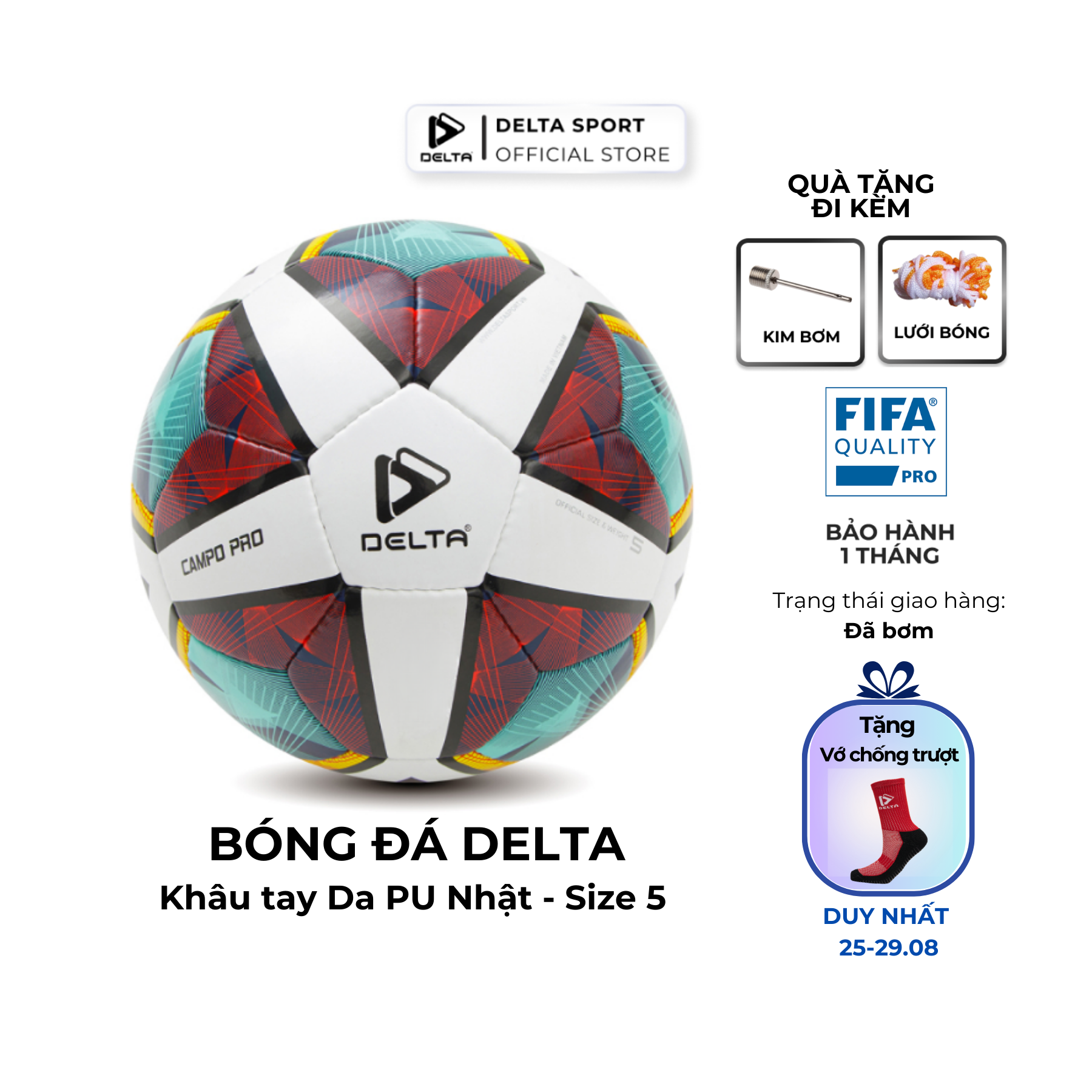 [Tặng kim bơm và Lưới bóng] Bóng đá ngoài trời khâu tay DELTA 9968-5K size 5 tiêu chuẩn FIFA, chất liệu da PU dùng cho 12 tuổi trở lên, chơi trên mọi loại sân.