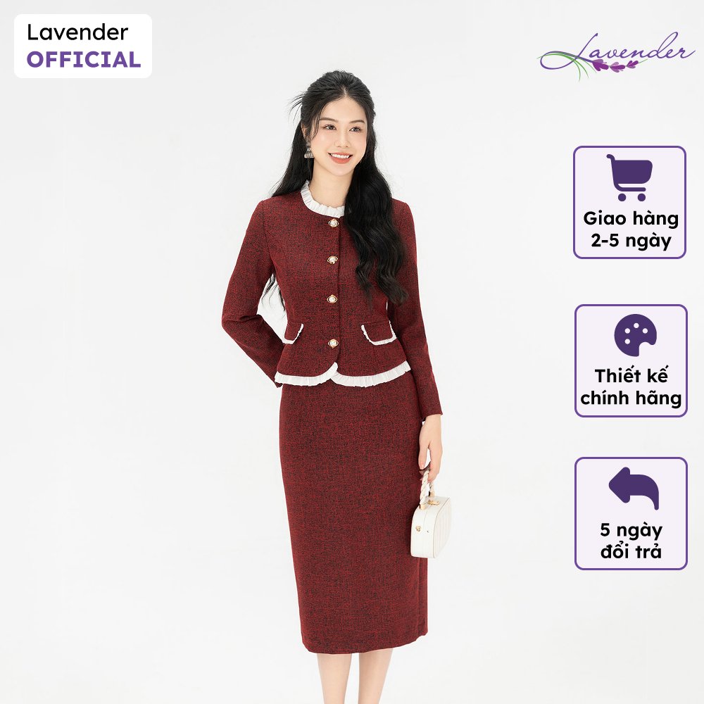 Set dạ tweed công sở LAVENDER màu đỏ chân váy A nhẹ kiểu dáng thanh lịch S2977
