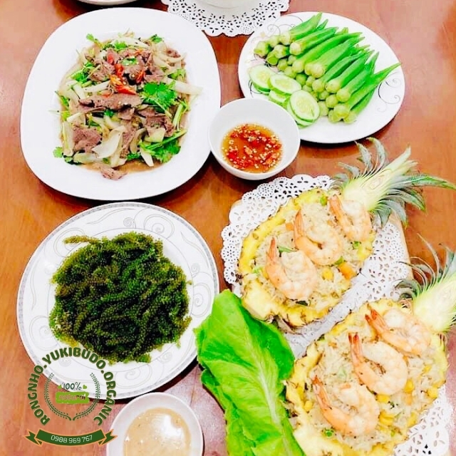 Combo 10 gói rong nho tách nước khánh hòa sea grapes 25g tặng free 10 gói xốt mè rang kewpie 15ml