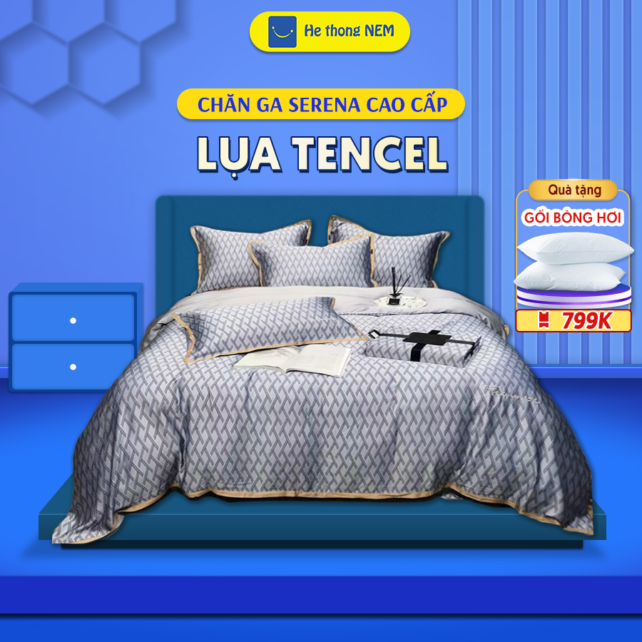 Bộ chăn ga gối đệm 5 món cao cấp Lụa Tencel 80s siêu mát mịn, họa tiết kẻ ô cổ điển SERENA chính hãng
