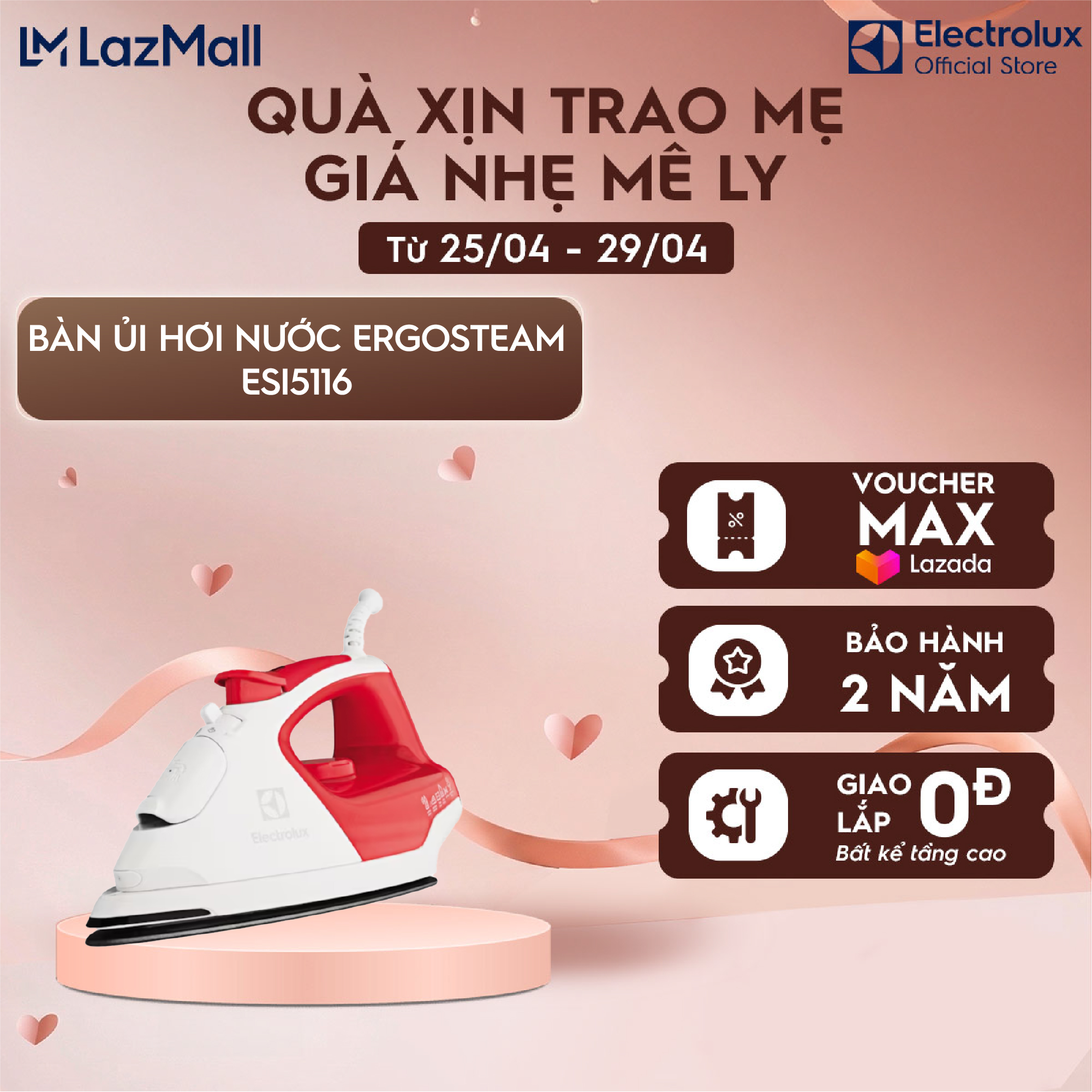 Bàn ủi hơi nước  Electrolux ErgoSteam - Cam hồng - ESI5116 - Hơi nước liên tục và ổn định, tự động làm sạch tiện lợi, loại bỏ nếp nhăn cứng đầu