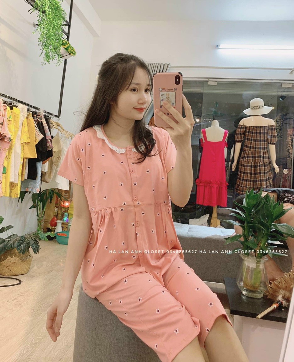 Bộ đồ bầu và sau sinh cotton thun ngắn tay mùa hè có thiết kế cho con bú