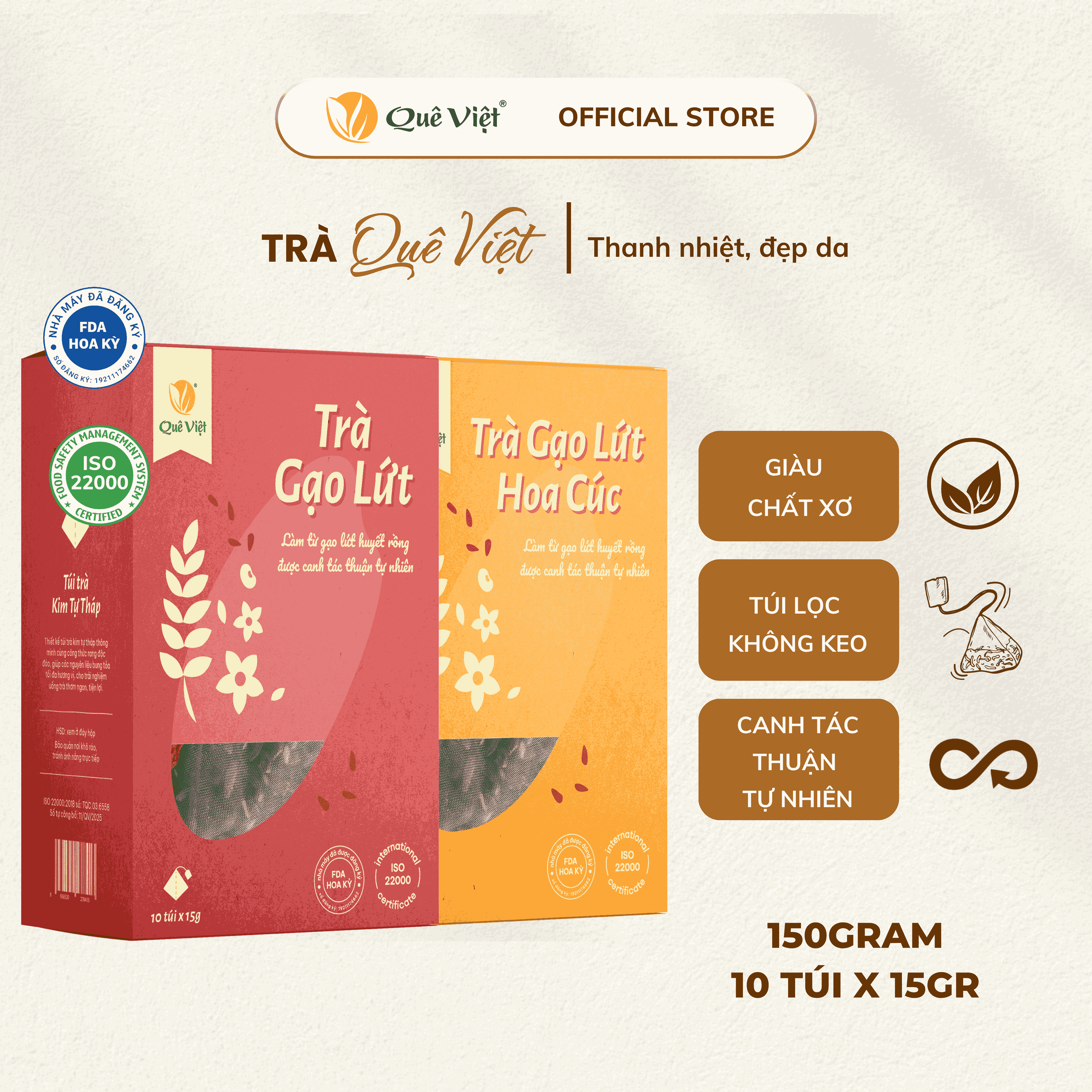  Trà gạo lứt Trà gạo lứt hoa cúc Quê Việt thanh lọc gan giải độc cơ thể nguyên liệu tự nhiên Hộp 150g 10 túi 15g 