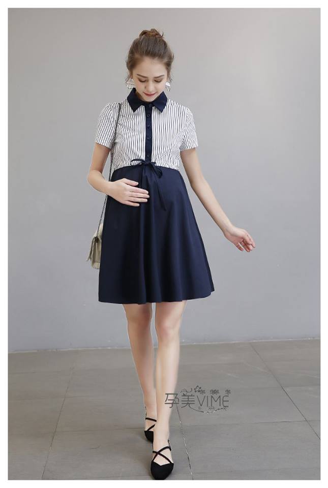 Váy bầu đầm bầu xanh than phối áo kẻ cổ đức 1202