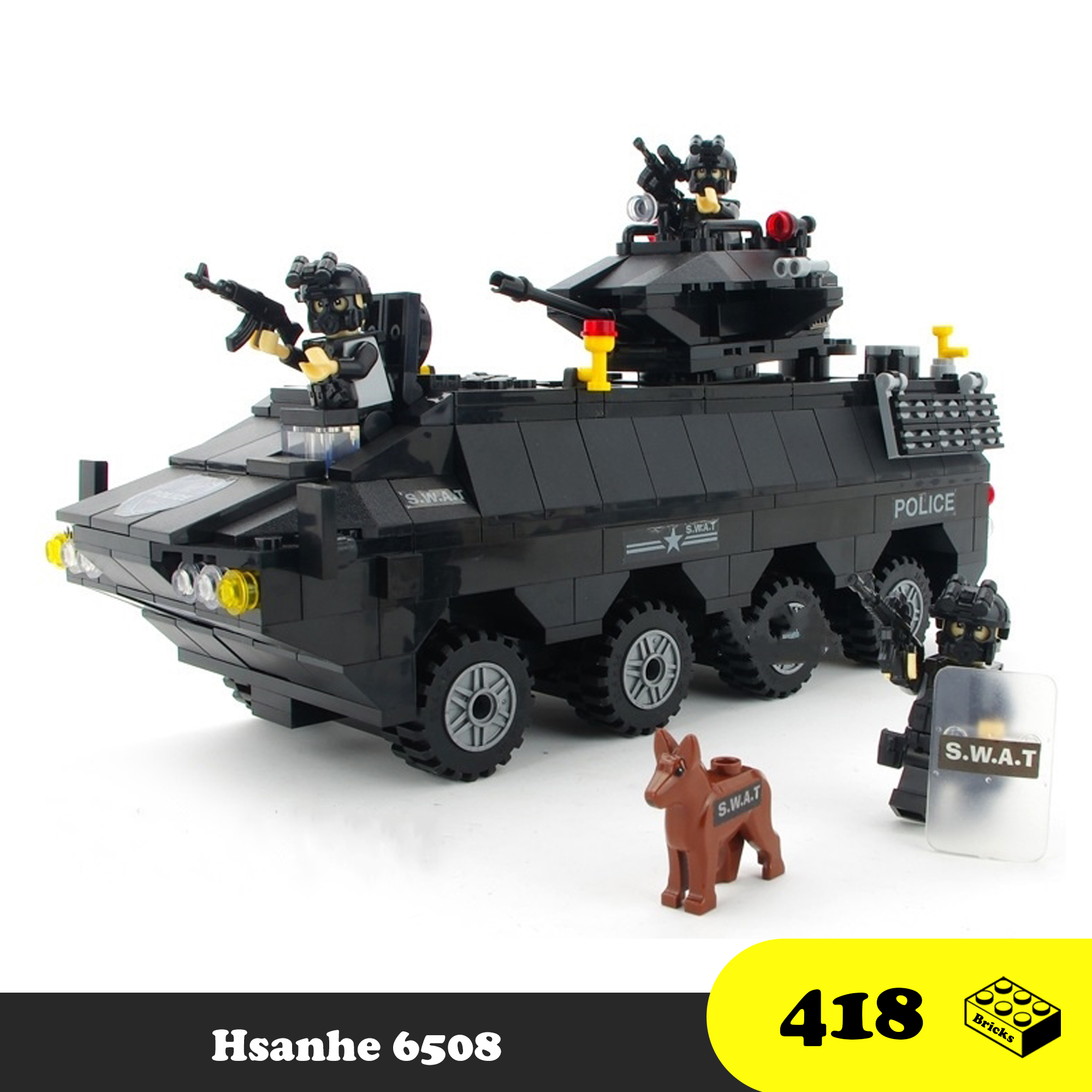 Đồ chơi Lego lắp ráp Xe Tăng Cảnh sát Police S.W.A.T, Hsanhe 6508 Xe tank Cảnh sát đặc nhiệm Hoa kỳ [418 Mảnh ghép] Quà tặng sinh nhật