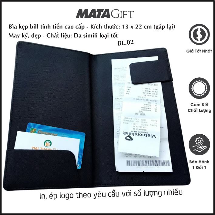 Bìa da kẹp bill tính tiền nhà hàng khách sạn cao cấp, chất liệu tốt, may kỹ sắc sảo Matagift, mã BL.02
