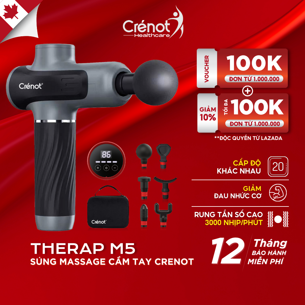 Máy massage cầm tay Crenot Therap M5 súng massage đa năng thư giãn giảm đau nhức toàn thân máy matxa cổ vai gáy gồm 6 đầu mát xa 20 cấp độ bảo hành 12 tháng