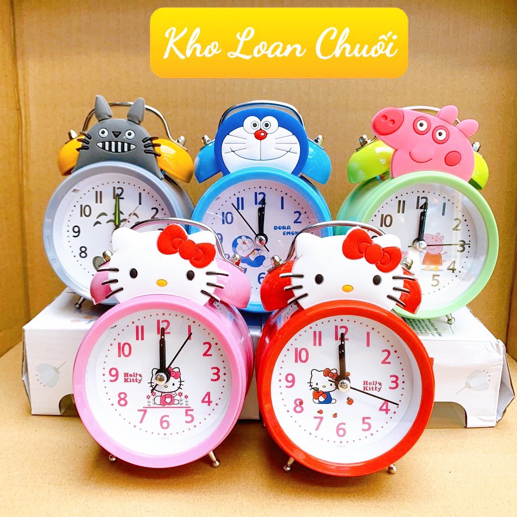 Đồng hồ báo thức 2 quả chuông helo kity, doraemon cho bé tặng pin- ảnh video thật